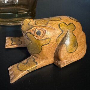 Hand Carved Wooden Folk Art Frog Toad Figurine Smooth Painted Detailing 5" Decor